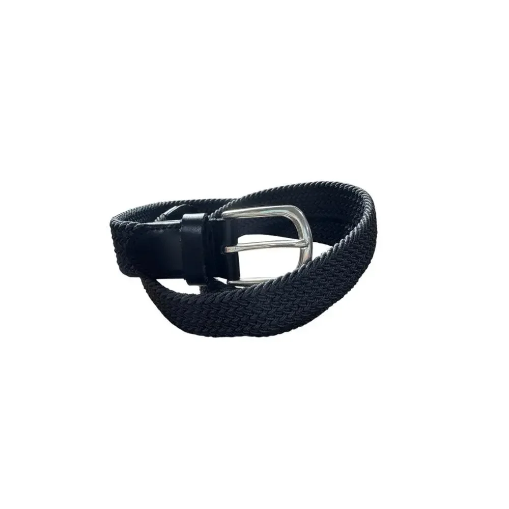 J. Crew Woven Elasticated Italian Leather Belt Adjustable Strap Black Size L NWT